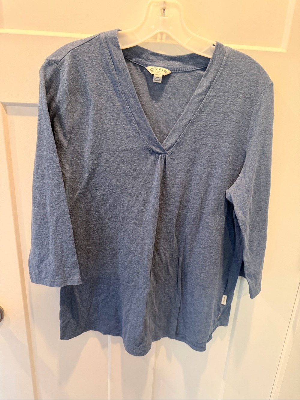 Orvis Blue Linen Blend V Neck 3/4 Sleeve Relaxed Top Large